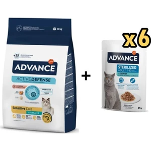 Somonlu Kısırlaştırılmış Kedi Maması 10 kg + 6 Adet Advance Morina Balıklı Kısır Kedi Pouch Yaş Maması 85 gr