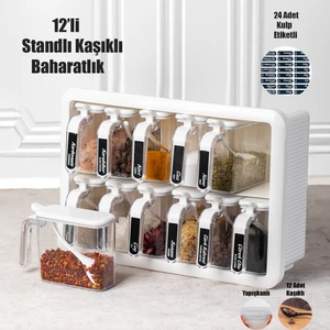 1252 12'li Standlı Kendinden Yapışkanlı Kaşıklı Kapaklı Baharatlık Takımı Beyaz