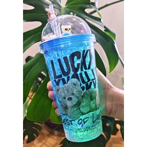 Lucky Ayıcık Suluk Pipetli Buzlu Cam Görünümlü LED Işıklı 450 ml Çift Katman Mika 2768 Mavi