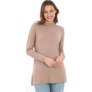 Penye Bizden Viskon Dik Yaka Tunik-Sütlü Kahve