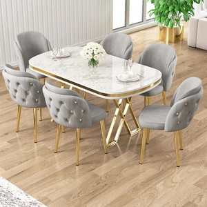 Zae Serisi 90 x 168 Lak Panel Beyaz Mermer Desen Gold Ayak Masa Takımı 6 Gri Sandalye