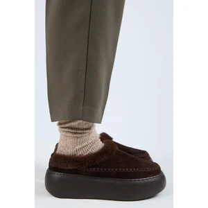 (Bazin Kürklü) Kadın  Deri Sabo Kürklü Platform Kahve Terlik