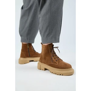 (Dilzar) Kadın  Deri Bağcıklı Içten Fermuarlı Taba Bot