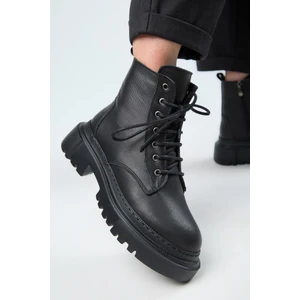 (Dilzar) Kadın  Deri Bağcıklı Içten Fermuarlı Siyah Bot