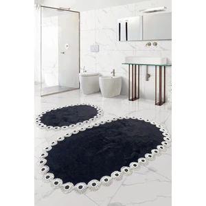 Gülruba Oval Siyah Çeyizlik Dantelli 2'li Banyo Paspası Seti Kaymaz Tabanlı Klozet Takımı