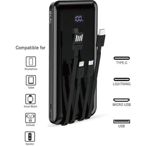 10.000 Mah Plus Dijital Göstergeli Dahili Çoklu Kablolu Powerbank,siyah,taşınabilir Şarj Cihazı Blic