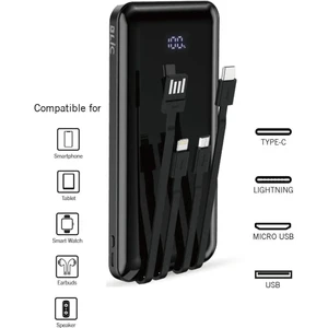10.000 Mah Plus Dijital Göstergeli Dahili Çoklu Kablolu Powerbank,siyah,taşınabilir Şarj Cihazı