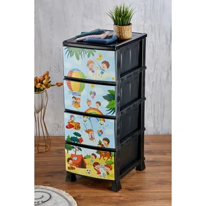 4 Katlı Çekmeceli Baskılı Desenli Kapaklı Plastik Komidin - Sebzelik - Çekmece - Oyuncakdolabı