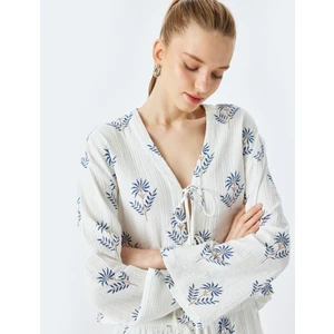 Bağlama Detaylı V Yaka Uzun Kollu Etnik Bluz