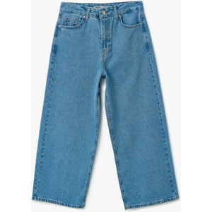 Yüksek Bel Düğmeli Cepli Geniş Paça Denim Pantolon - Crop Wide Leg Jeans