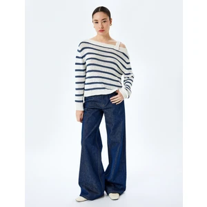 Triko Çizgili Kayık Yaka Uzun Kollu Kazak