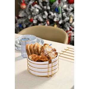 Edora Home Altın Yuvarlak Ekmek Sepeti Şık,ekmeklik Beyaz Hasır Örmeli Makrome-Çok Amaçlı Metal Paslanmaz