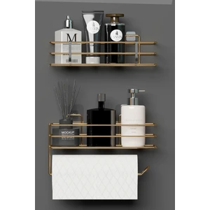 Gold Altın Kaplama Yapışkanlı Banyo Rafı 2 Li Set Kağıt Havlu Askılı Banyo Duş Organizer