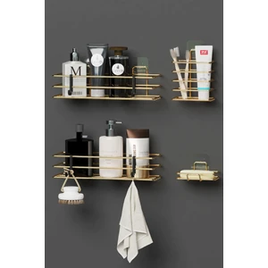 Home Gold Altın Kaplama Yapışkanlı Banyo Seti Duş Rafı + Sabunluk + Diş Fırçalık Metal Set