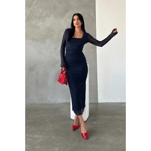 Tül Kumaş Büzgü Detaylı Kalem Elbise - Lacivert