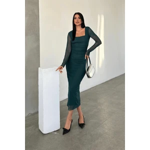 Tül Kumaş Büzgü Detaylı Kalem Elbise - Zümrüt Yeşil