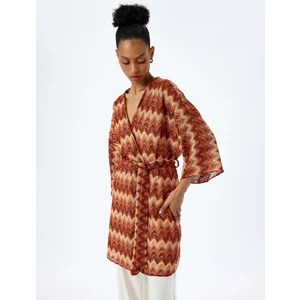 Uzun Geniş Kol Kemerli Desenli Uzun Kimono