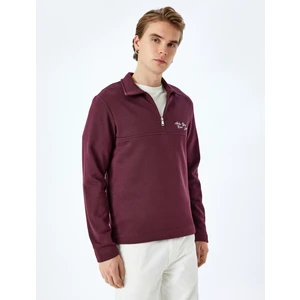 Slogan Işlemeli Pamuk Karışımlı Dikiş Detaylı Yarım Fermuarlı Sweatshirt