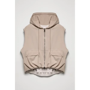 Kapüşonlu Büyük Cepli Yelek Ceket Bej