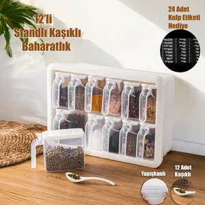 Simple  Random 12'Li Standlı Kendinden Yapışkanlı Kaşıklı Kapaklı Baharatlık Saklama Kabı Seti - Beyaz
