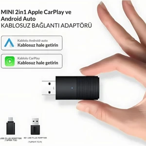 Mini 2in1 Araç Kiti Kablosuz Carplay & Android Auto Adaptörü Hızlı Wifi 5.8ghz Bağlantı Bluetooth