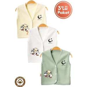 Unisex Bebek Baykuş Baskılı Organik Pamuklu 3-6-9 Ay 3lü Penye Bebek Yelek Set