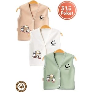 Unisex Bebek Baykuş Baskılı Organik Pamuklu 3-6-9 Ay 3lü Penye Bebek Yelek Set