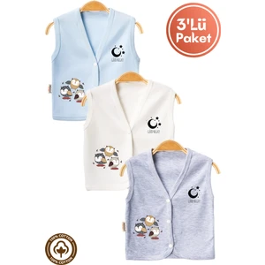 Unisex Bebek Baykuş Baskılı Organik Pamuklu 3-6-9 Ay 3lü Penye Bebek Yelek Set