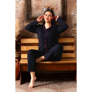 Sude Homewear Kadın Lacivert Renk Bordo Düğmeli Uzun Kol Pijama Takımı