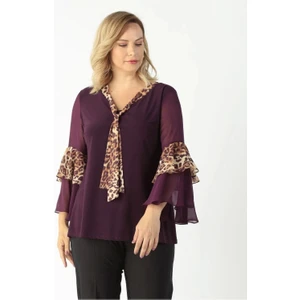 Moda Berray 4039 Leopar Desenli Volan Kollu Büyük Beden Bluz Mürdüm