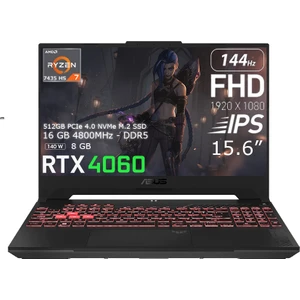 Tuf Gaming A15 FA507NVR-LP147 Amd Ryzen 7 7435HS 16GB 512GB SSD Rtx 4060 (140W) 15.6" 144Hz IPS Panel Fhd Freedos Taşınabilir Bilgisayar