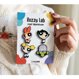 Powerpuff Girls 4lü Rozet Set - Bubbles Buttercup Blossom Mojo Jojo - Broş - Yaka Çanta Aksesuar