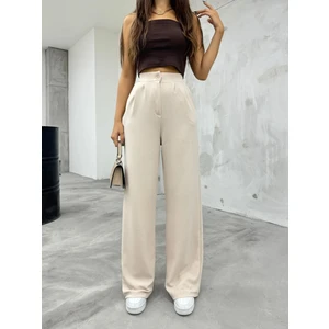 Kadın Bej Likralı Palazzo Salaş Geniş Paça Pantolon