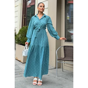 Petrol Mavi Dokulu Kumaş, Beli Kuşaklı, Balon Kol, A Kesim, Vintage Maksi Elbise - Tesettüre Uygun