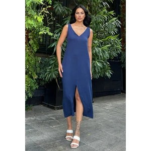 Lacivert V Yaka Uzun Salaş Elbise