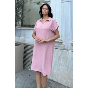 Pudra Polo Yaka Dokulu Rahat Midi Elbise