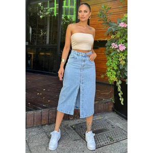 Açık Mavi Cepli Yırtmaçlı Uzun Denim Etek