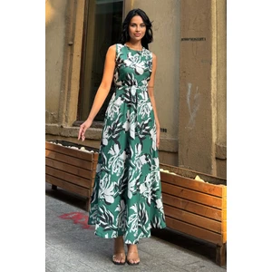 Yeşil Krep Kuşaklı Uzun Elbise