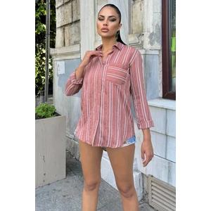 Kadın Gül Kurusu Çizgili Desenli, Uzun Kollu, Rahat Kesim, Dokulu Kumaş Gömlek
