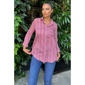 Kadın Pembe Çizgili Desenli, Uzun Kollu, Rahat Kesim, Dokulu Kumaş Gömlek