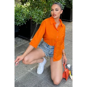 Kadın Turuncu Truvakar Kol, Oval Kesim, Terletmez, Flamlı Keten Salaş Gömlek