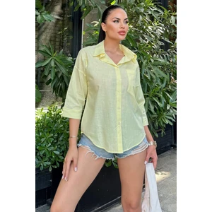 Kadın Sarı Truvakar Kol, Oval Kesim, Terletmez, Flamlı Keten Salaş Gömlek