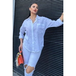 Kadın Beyaz Truvakar Kol, Oval Kesim, Terletmez, Flamlı Keten Salaş Gömlek