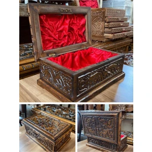 El Oyması Motifli Ahşap Sandık Hediyelik Takı Kutusu Mücevher Sandığı Kilitli Ahşap Ceviz Sandık Hediyelik 24 cm