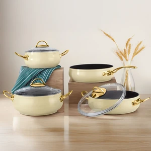 Yonca Güveç 7 Parça Altın Kulp Küre Tencere Seti  Krem