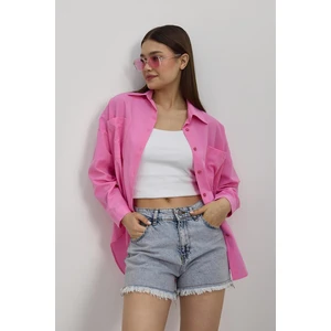 Önü Düğmeli Bayan Gömlek - 6256A Şeker Pembe
