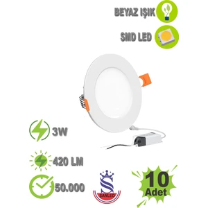 3W Tasarruflu LED Yuvarlak Beyaz Kasa Beyaz Işık Sıva Altı Slim Panel Tavan Armatürü-10 Adettir