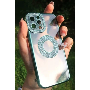 Iphone 12 Pro Kılıf Kamera Korumalı Taşlı Parlak Logo Açık Seffaf Kadın Kapak