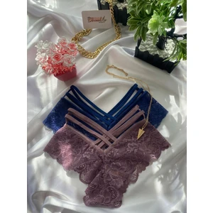 Şeritli, Dantelli, Kadın Külot 2'li (Lacivert, Mürdüm)