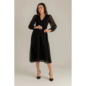 ZKS Grup Tekstil Kadın Balon Kol Kruvaze Midi Boy Şifon Astarlı Büyük Beden Elbise Haki, Kırmızı, Bordo, Yeşil, Saks, Siyah, Mor, Desenli